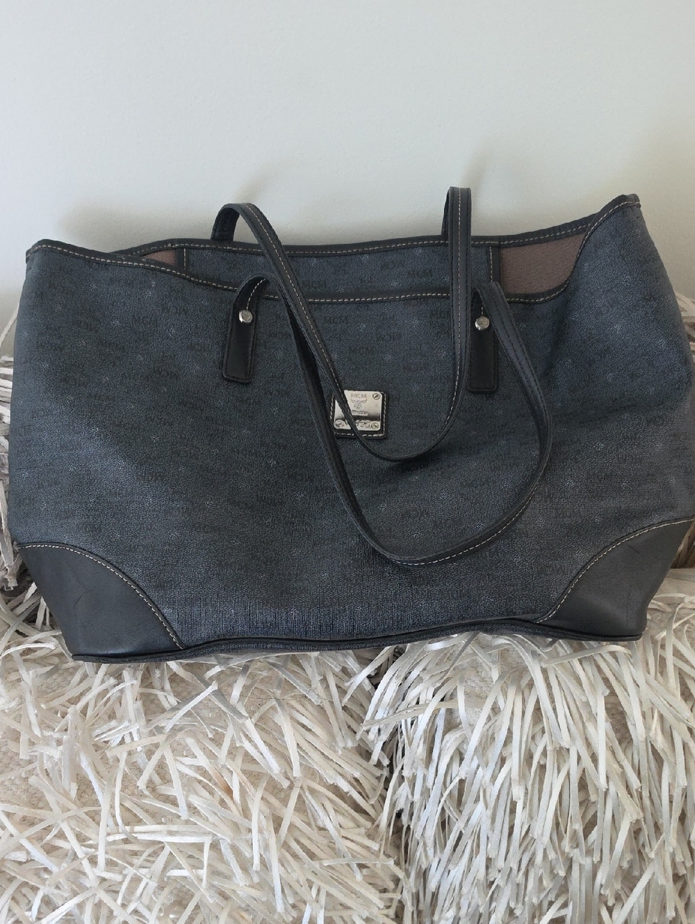 Women’s Black Canvas Tote Bag with Leather Trim